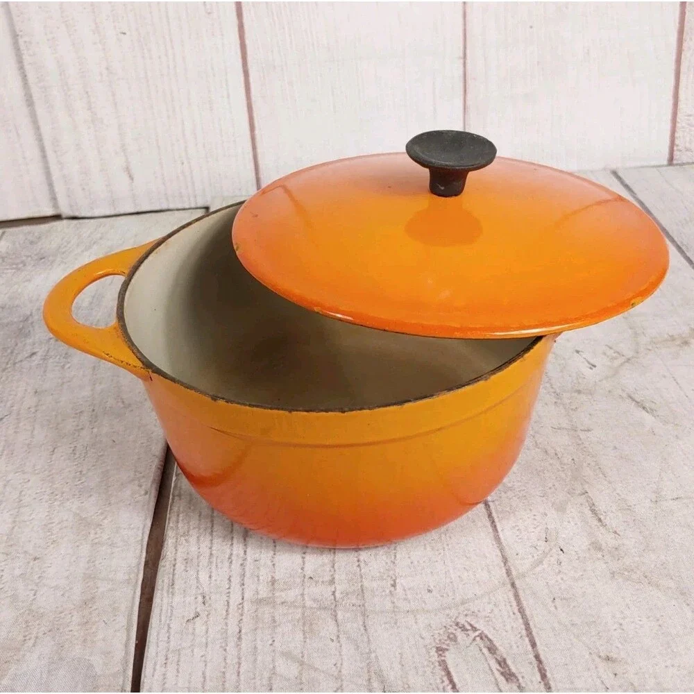 VINTAGE Cousances #16 ENAMELED Cast Iron Sauce Pan - Pot Orange w/ Lid - France